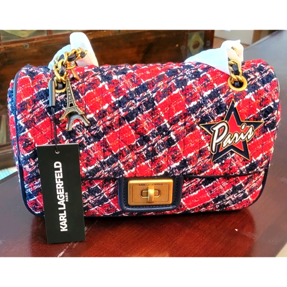 Karl Lagerfeld Agyness red navy and tweed shoulder bag.